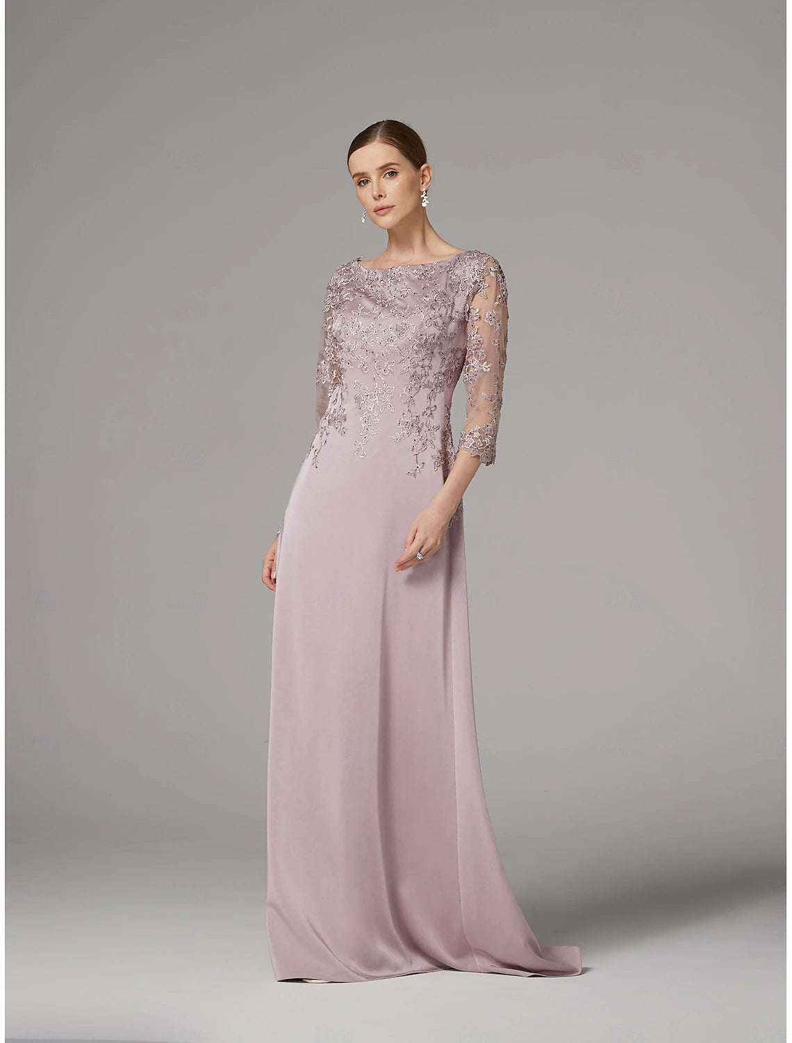 Buyishang Sheath Dress Mother of the Bride Dress Elegant Bateau Neck Floor Length Satin 3/4 Length Sleeve with Lace Appliques